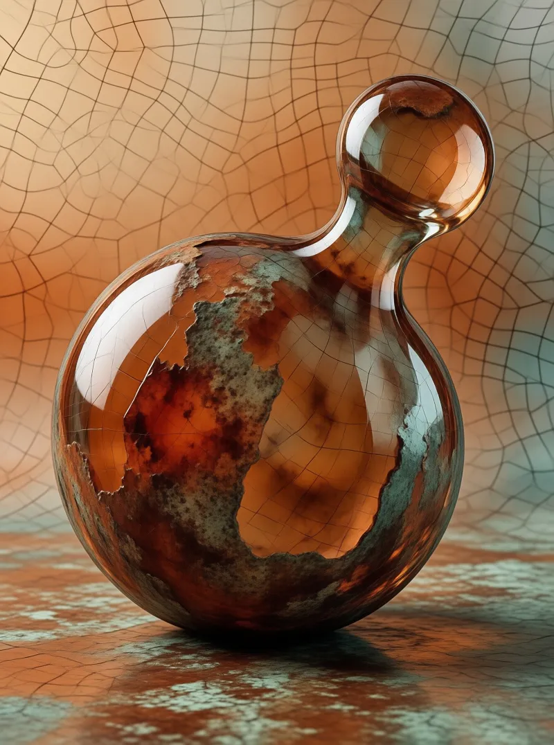 Warm amber glass vessel with a large hole and a fine crackle pattern covering the object and surrounding area.