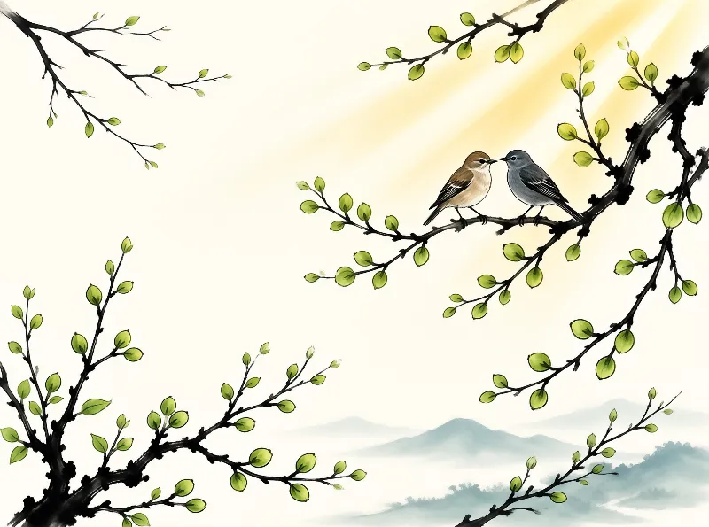 Two small birds face each other on a branch with green leaves, set against distant misty mountains and warm sunlight.