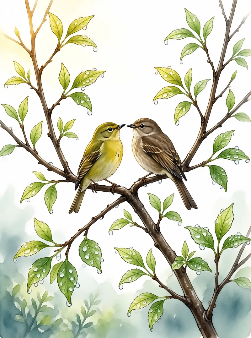 Two small songbirds face each other on a leafy branch dotted with glistening raindrops in a soft watercolor