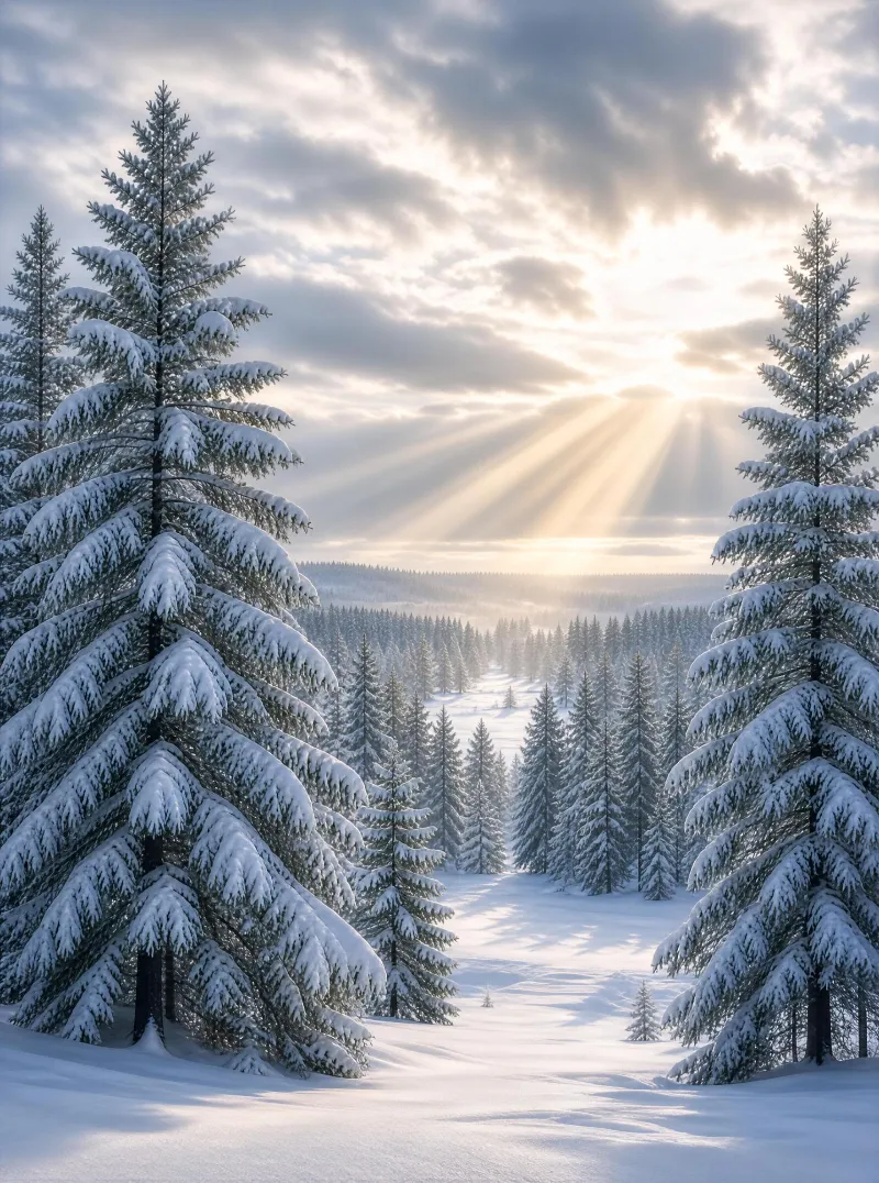 Snowy Forest with Sunbeams