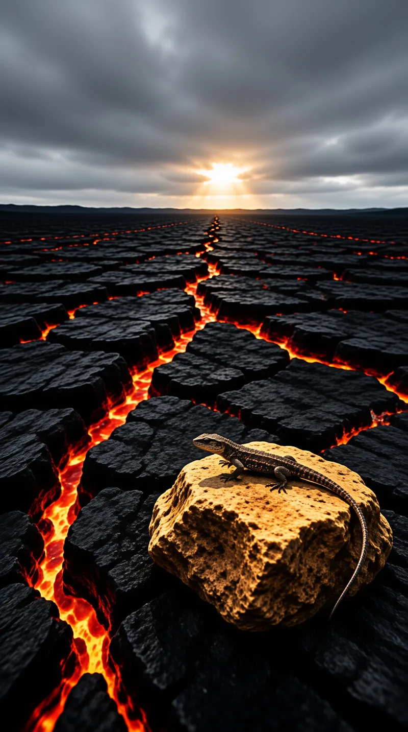A small reptile rests on a sunlit boulder while glowing molten cracks split a dark basalt plain toward a low cloudy sun.