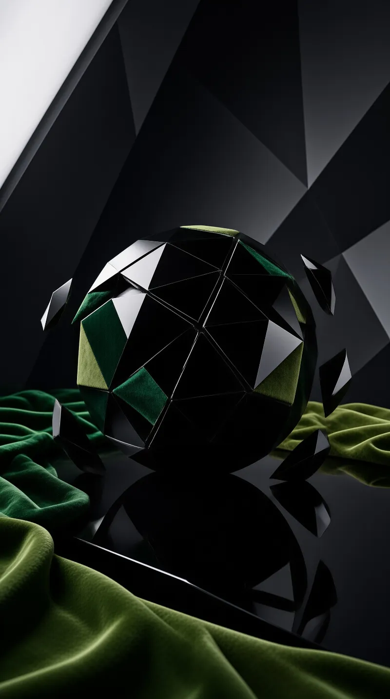 A glossy geometric ball of black panels and suede wedges floats above a mirror table, ringed by folded green fabric.