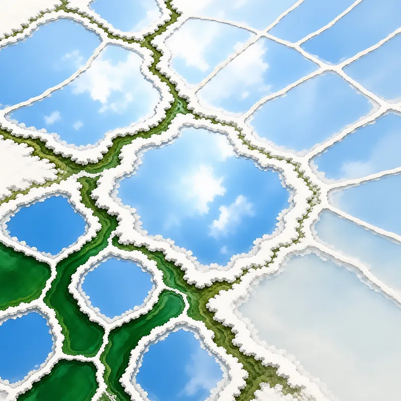 Aerial view of white salt ridges forming polygonal pools with bright blue water reflecting the cloudy sky and green algae.