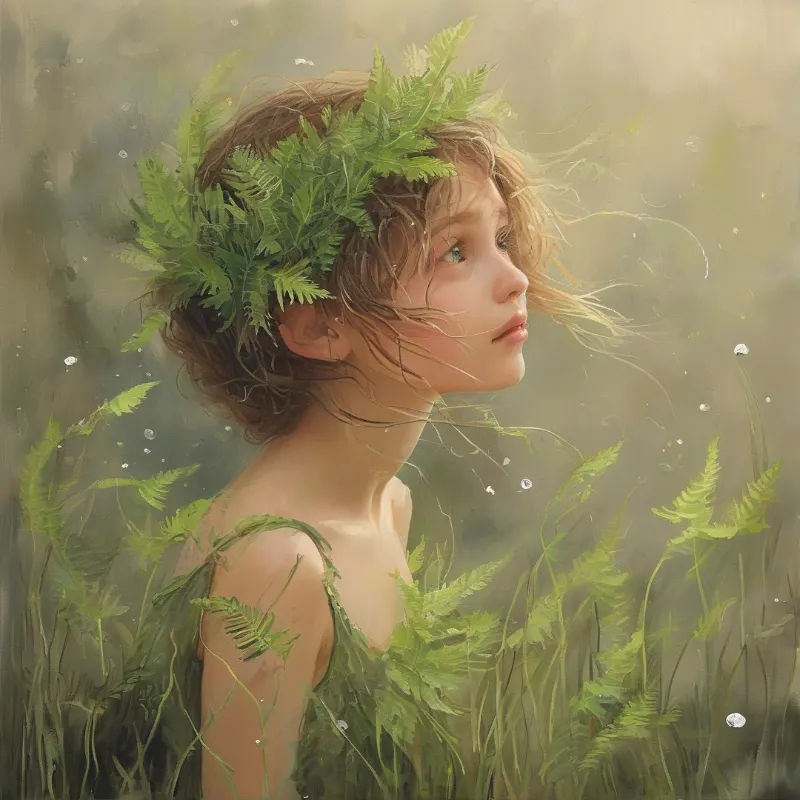 A young girl with a fern crown and leaf dress stands amid tall greenery and floating water droplets in warm diffused light