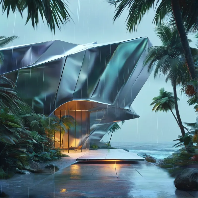 A sculptural chrome pavilion with a glowing warm lit interior sits on a rain slicked shore surrounded by swaying palm trees.