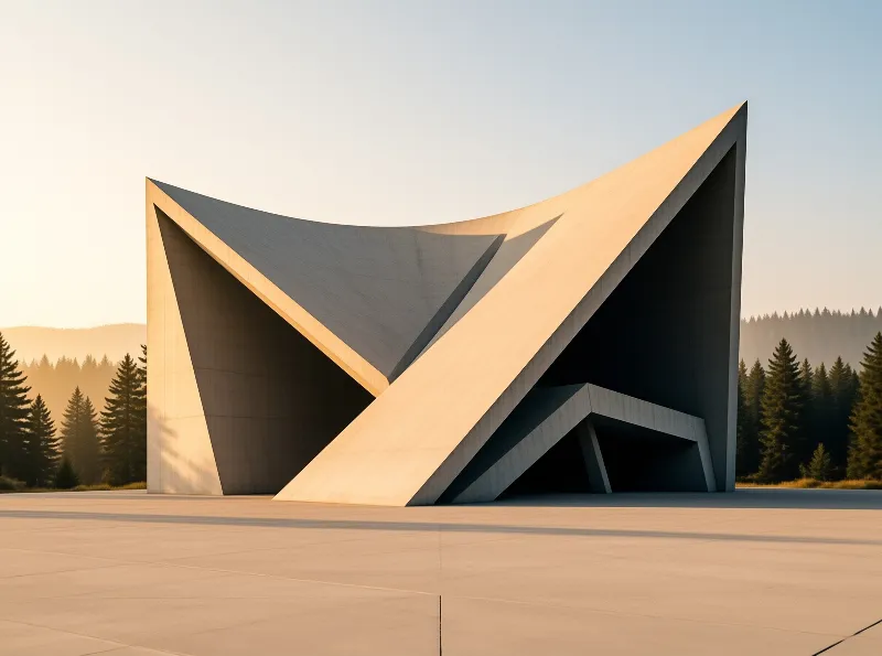 Large angular concrete building sits on a paved plaza surrounded by pine trees in warm golden light.