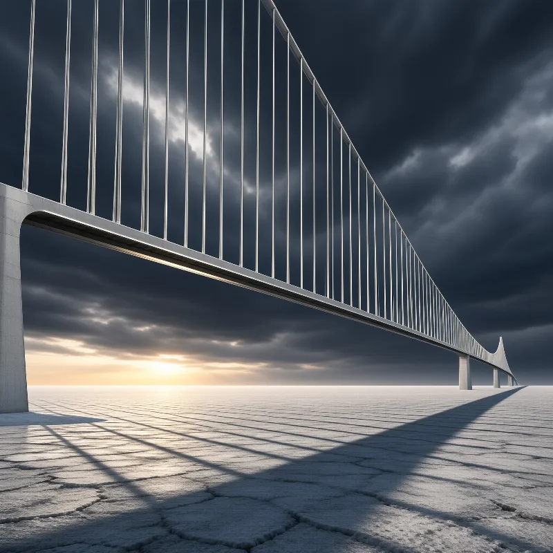 A white bridge with vertical bars crosses a cracked surface under a dark stormy sky with sunlight emerging at the horizon.