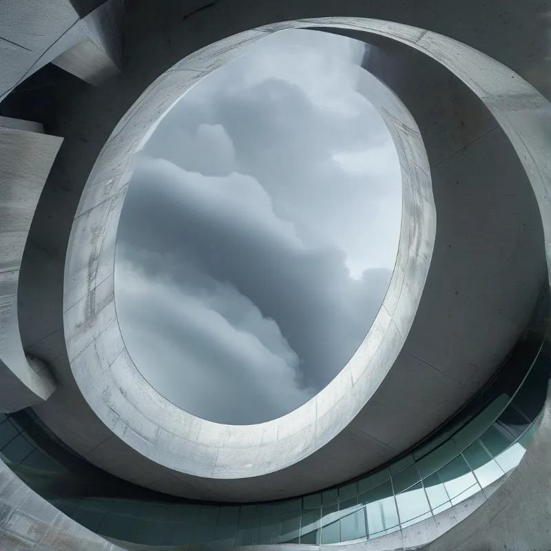 Low angle view of a massive grey concrete ring looking up at the cloudy sky above.