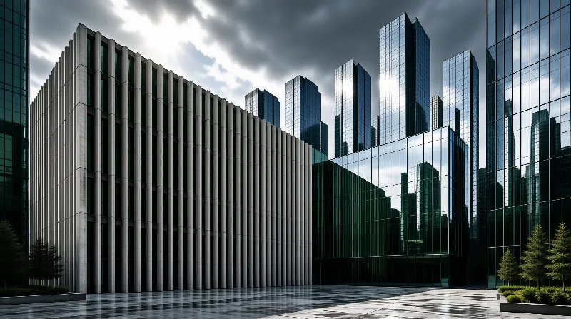A vertical concrete columned building stands next to mirrored glass skyscrapers reflecting dark cloudy sky and lower towers.