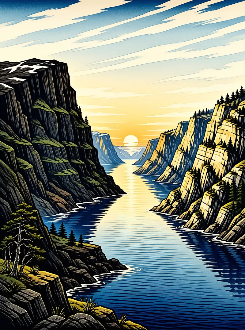 A wide river flows between tall rocky cliffs during sunset with golden light reflecting on the blue water surface.