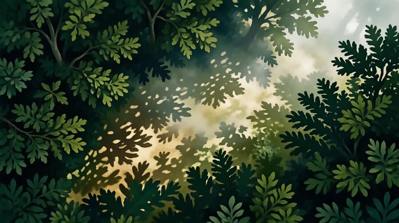 Lush dark green fern leaves frame warm hazy backlit light filtering through the dense undergrowth of a damp woodland.