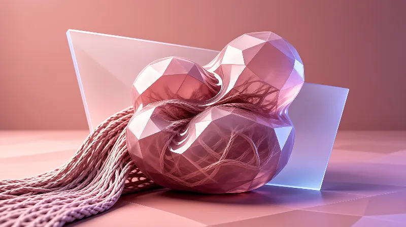 A geometric translucent heart sits on a smooth surface, filled with woven strands, against a plain pink background with soft shadows.