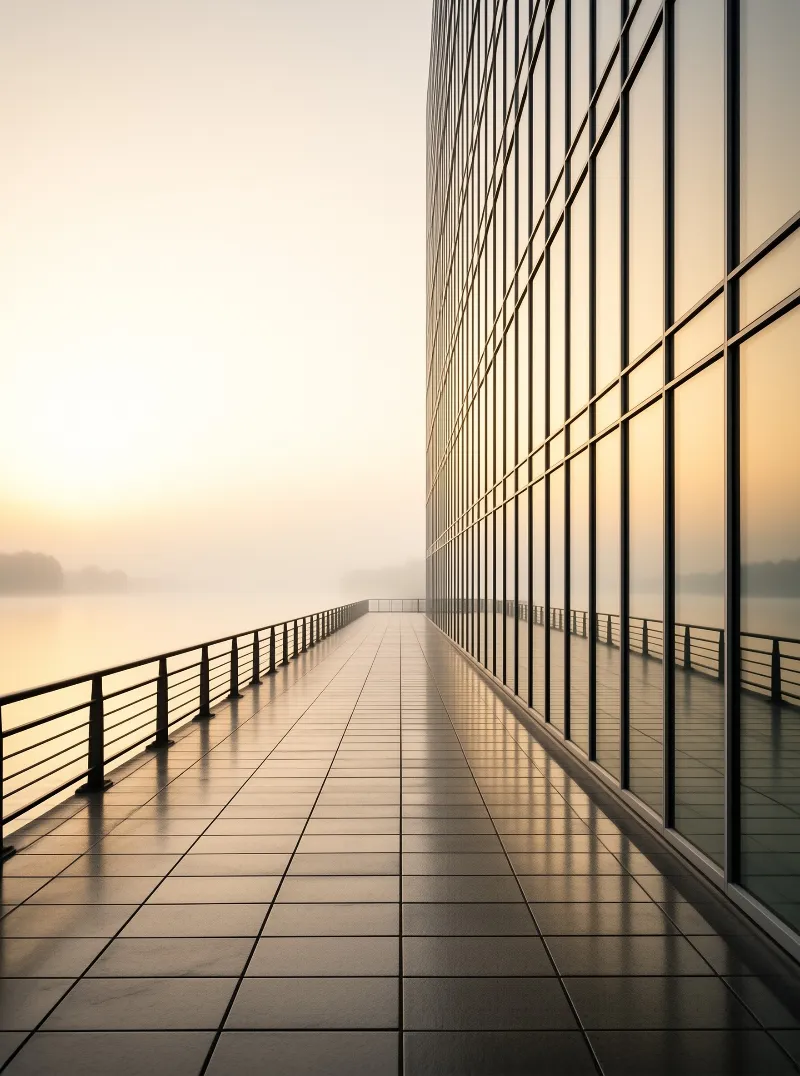 A long tiled walkway runs alongside a modern glass building reflecting the soft warm light of a foggy sunrise.