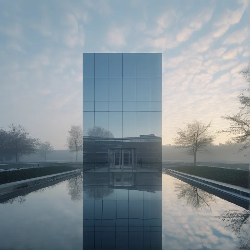 Tall glass wall rising from a still pool reflecting the foggy sky.