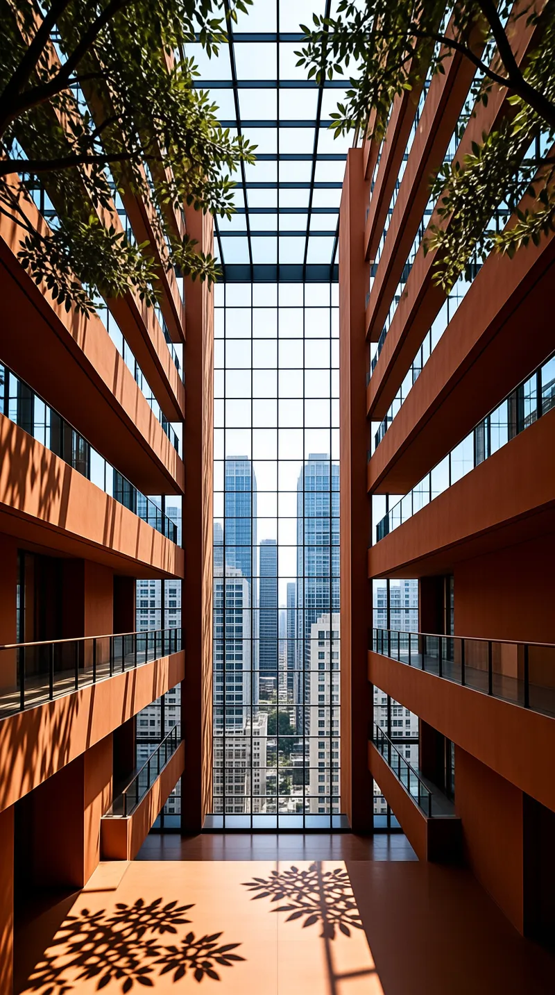 Orange walls frame a tall glass-roofed atrium where sunlight casts tree shadows on the floor facing a city skyline.