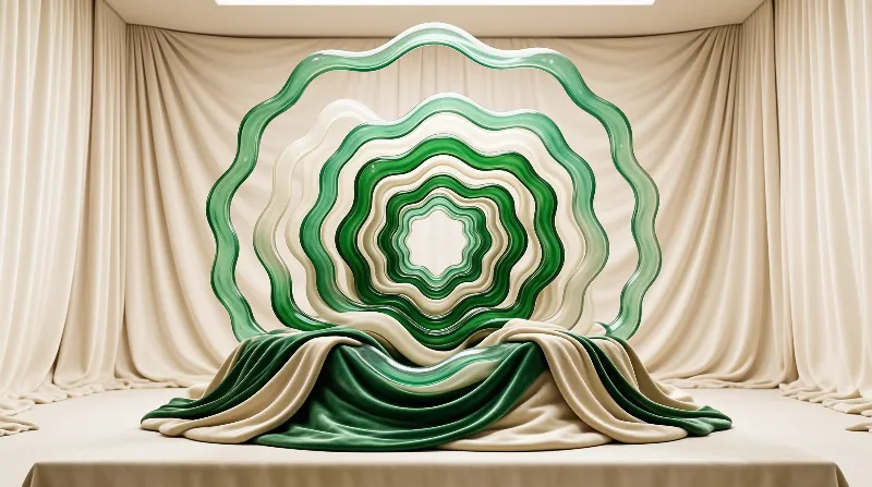 A layered green and cream sculpture stands on a draped pedestal inside a softly lit neutral room.