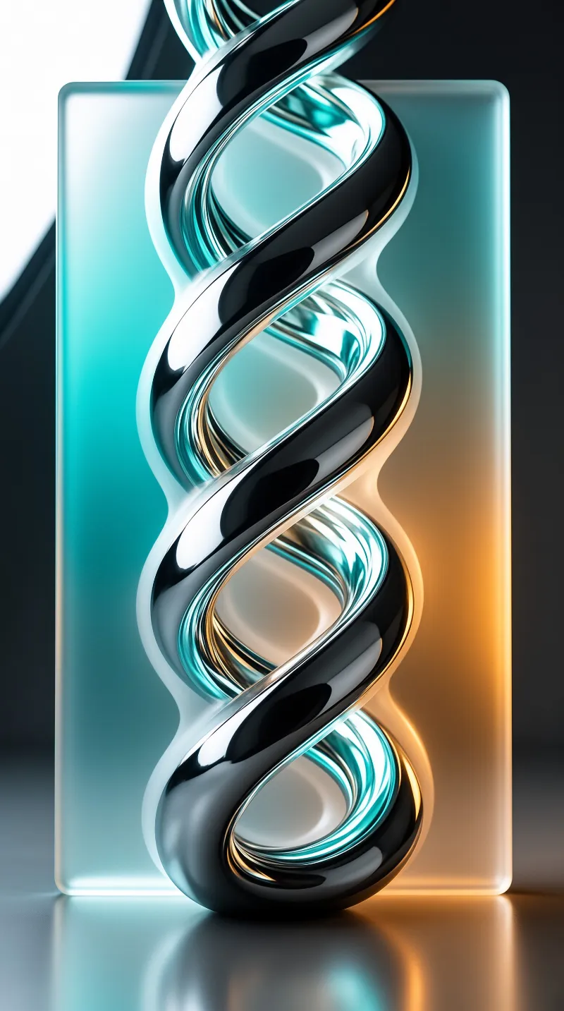 A glossy black and teal ribbon twists vertically against a frosted blue slab.