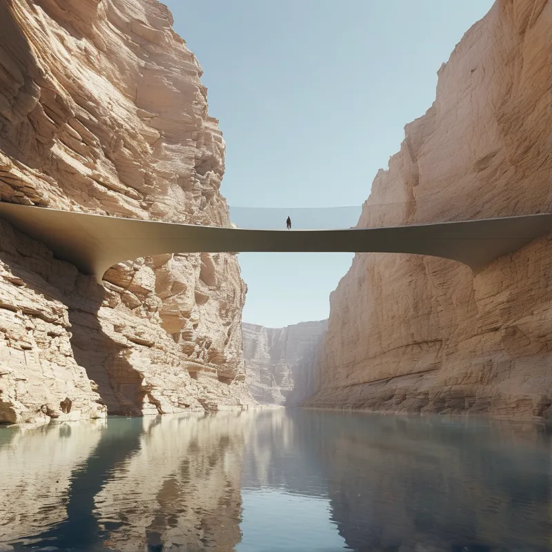 A solitary figure stands on a sleek white bridge stretching across a massive desert gorge with calm blue water below.