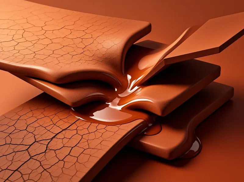 Stacked terracotta slabs split open as a glossy copper liquid spills and pools across their cracked surfaces.