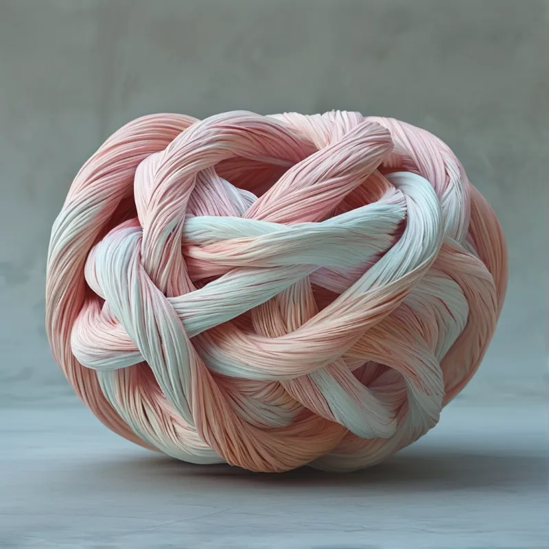 A spherical knot made of thick pink and white ribbons rests on a smooth grey surface.