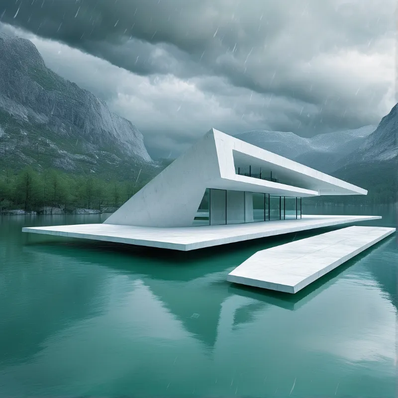 A stark geometric white building rests on flat platforms above a calm teal lake surrounded by steep mountains under a cloudy rainy sky.