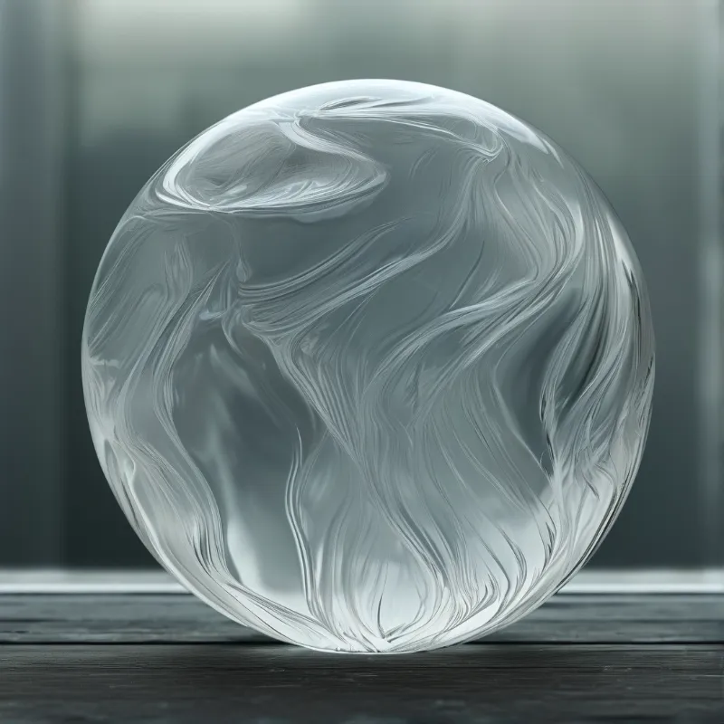A clear round vessel holds drifting ribbons of white vapour against a soft grey interior backdrop.