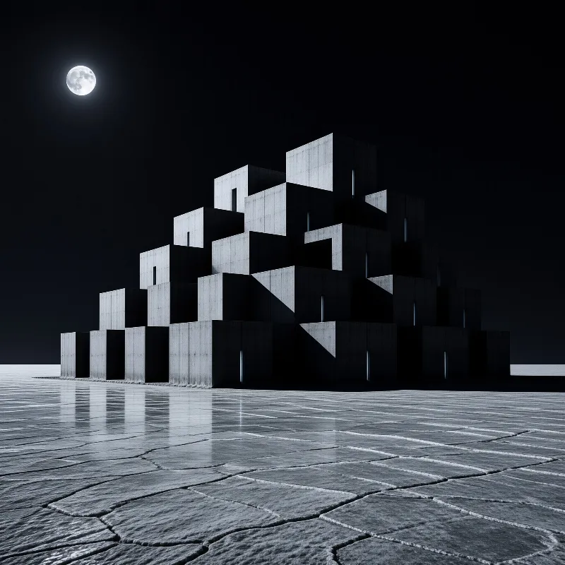 A stacked concrete geometric structure stands on cracked salt flat ground under a clear black night sky lit by the full moon.