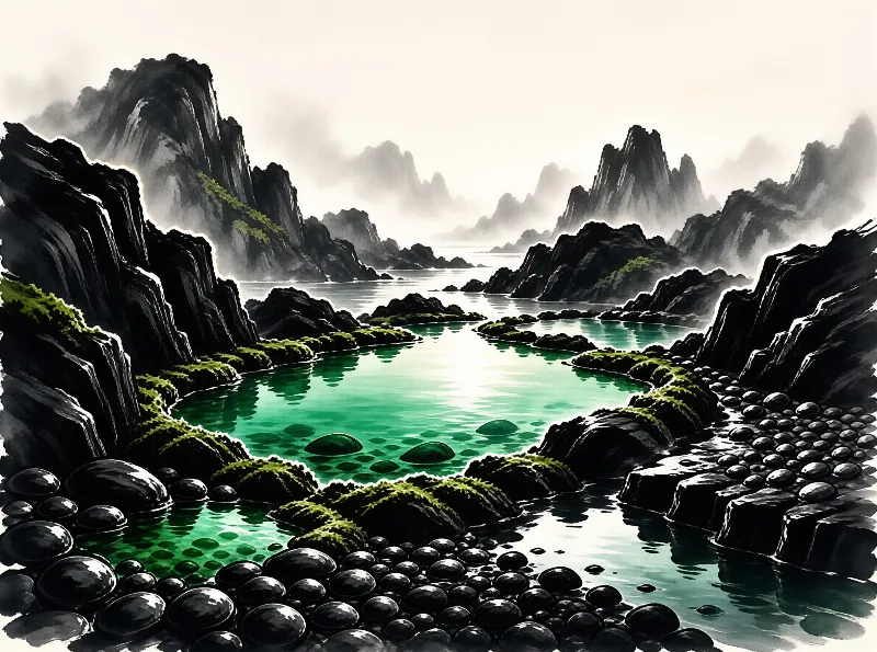 Dark cliffs with moss line a winding emerald river reflecting light while distant mountains fade into white fog.