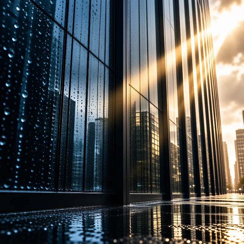 A modern building facade covered in raindrops catches the warm glow of the setting sun against a cool blue sky.