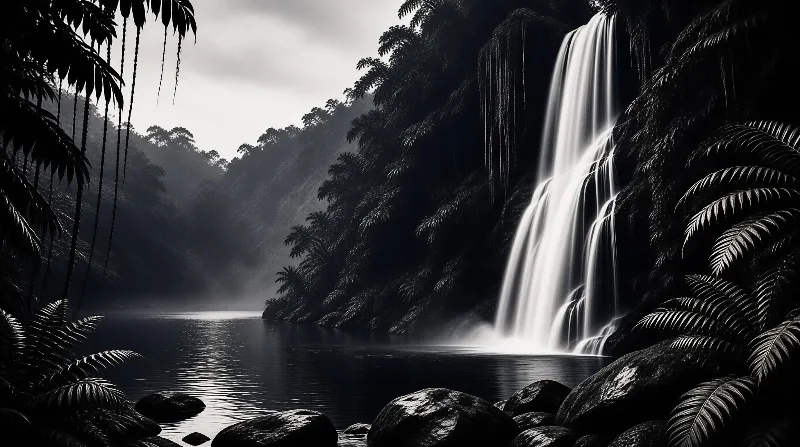 A tall waterfall tumbles through dense palm fronds into a calm pool, rendered in high-contrast black and white.