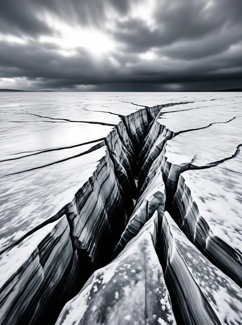 Deep fissures split a vast frozen expanse beneath a dramatic overcast sky in this black and white image.