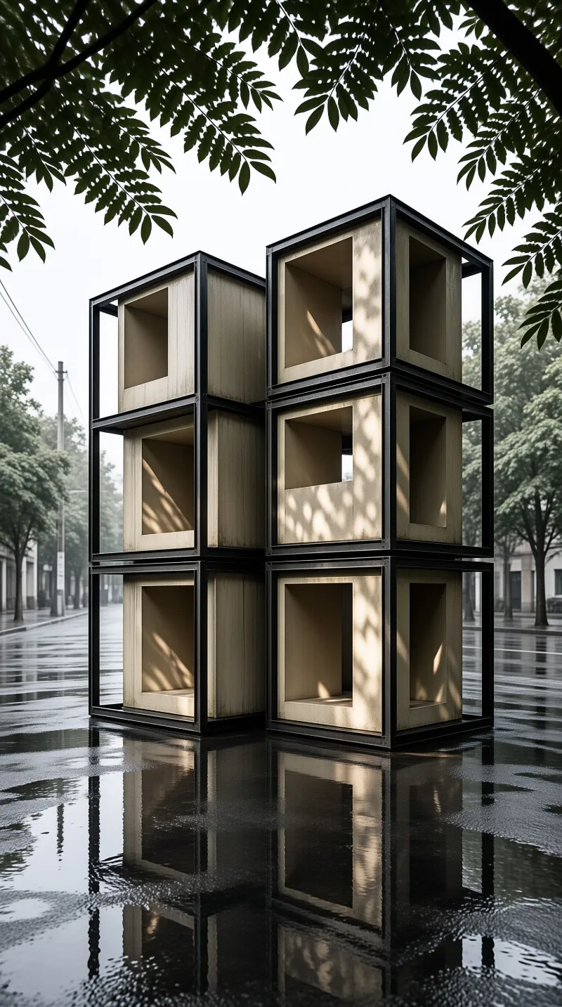 Stacked hollow cubic art installation standing on a wet reflective street under overhanging tree branches