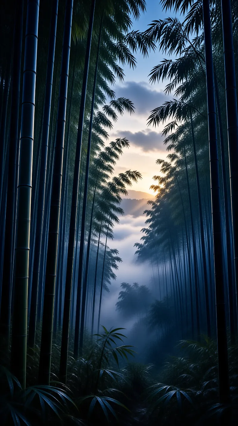 Dense dark bamboo stalks frame a misty valley where golden sunrise light pierces through the clouds.