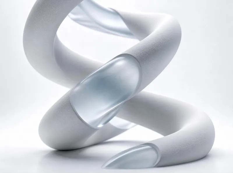 A white twisted sculptural form with translucent panels, set against a clean white background, highlighted by soft light.