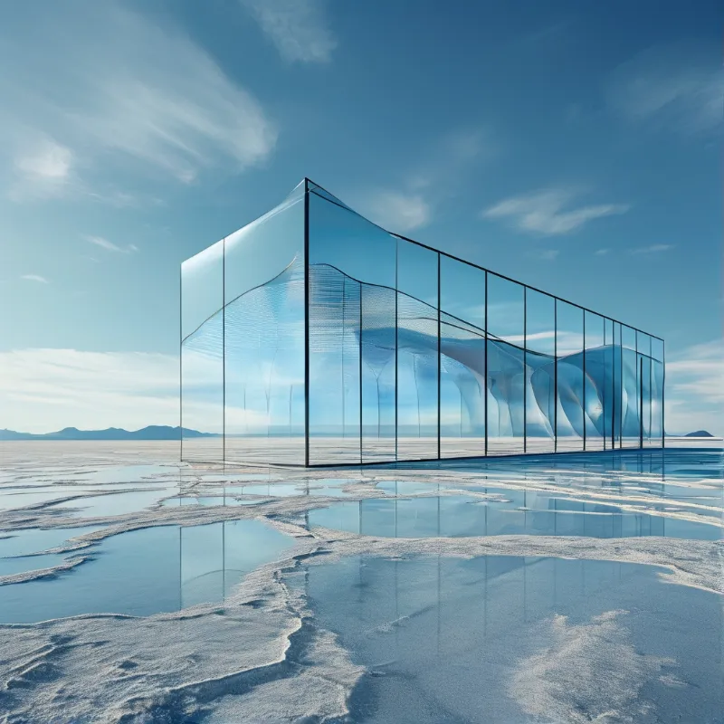 A clear glass box with flowing wave patterns stands on a reflective salt flat under a bright blue sky.