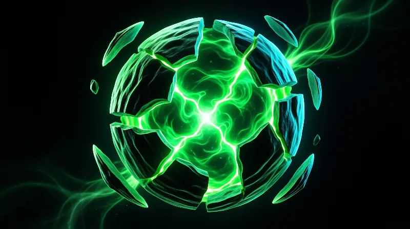 A cracked orb releases bright plasma light from within a dark background.