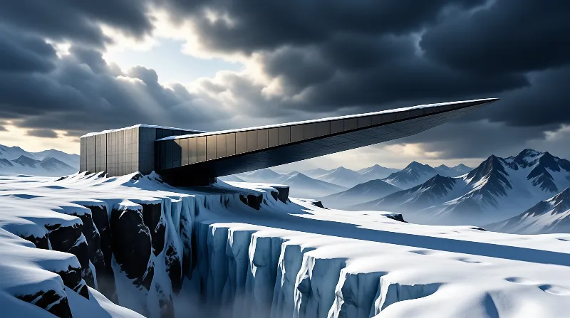 A dark angular building thrusts its long glass blade out over a snow cliff under heavy clouds.