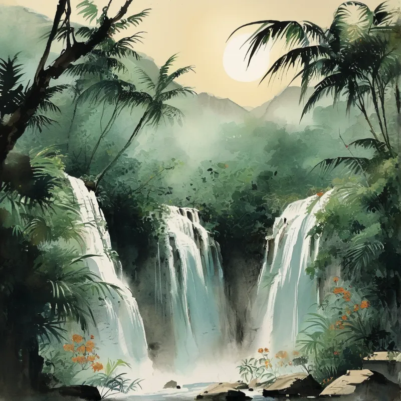 Watercolor artwork of cascading waterfalls in a dense tropical palm jungle, lit by a bright full moon with hazy green mountains in the warm sky.
