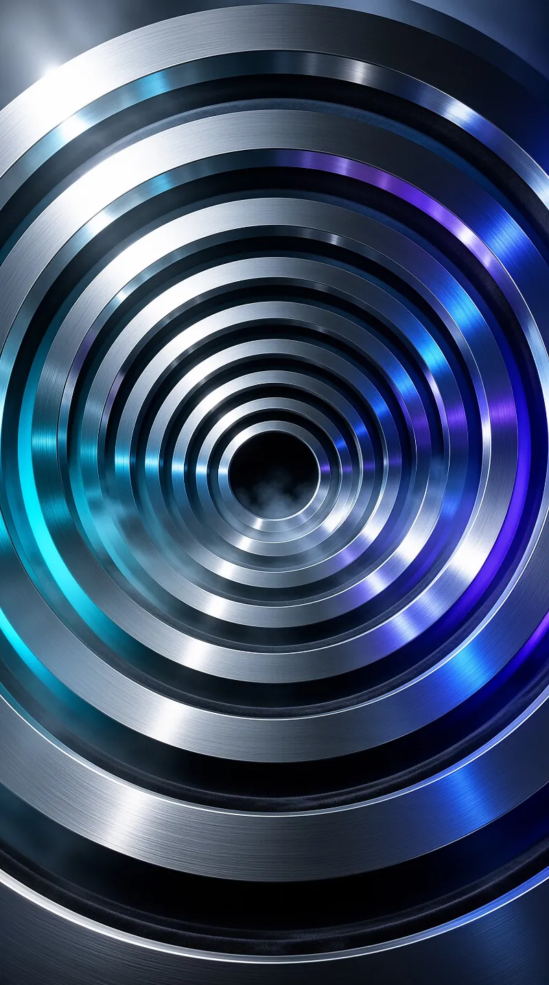 Concentric brushed metal rings recede into a dark center with blue and purple light reflections on their curved surfaces.
