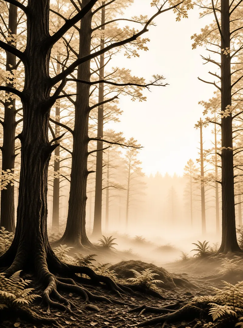 Tall trees with exposed roots stand in a forest filled with golden mist and soft light.