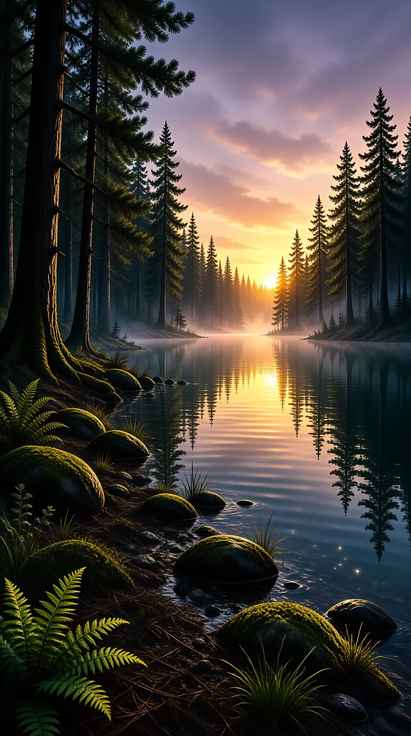 A tranquil forest lake reflects golden sunrise light amidst misty pine trees with mossy stones and ferns along the shore.