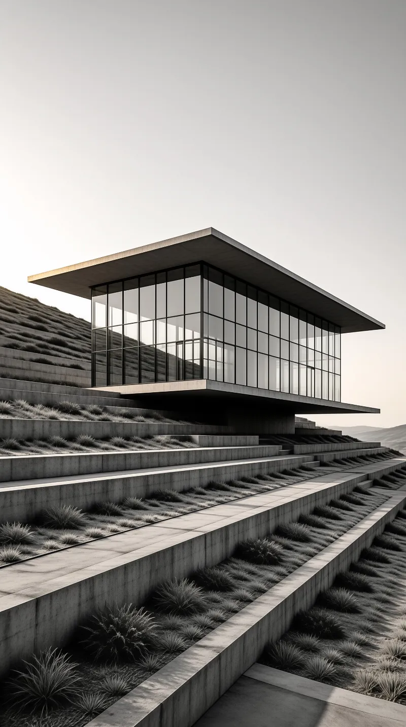 A sleek glass structure suspended above layered concrete retaining walls on a grassy hillside.