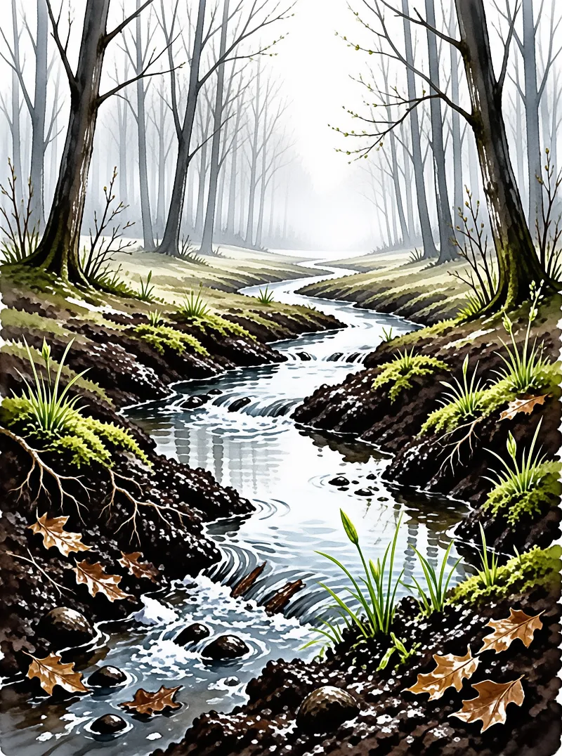 A winding river flows through a misty forest with bare trees and green grass along the banks.