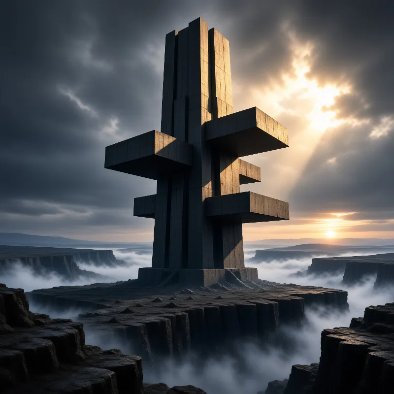 Massive concrete monument on rocky cliffs above fog with golden sunlight breaking through dark clouds.