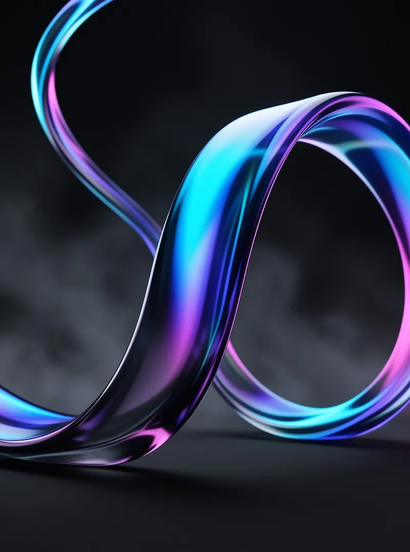 A glossy metallic ribbon twists into a loop, reflecting blue and violet light on a smoky backdrop.