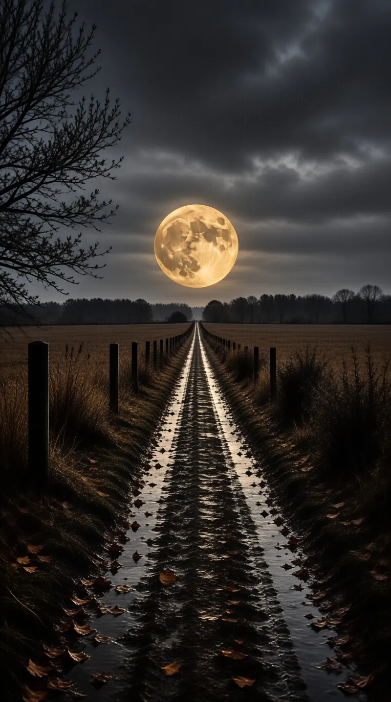 A huge amber harvest moon hangs above a straight water-filled track lined with fence posts and dry grass