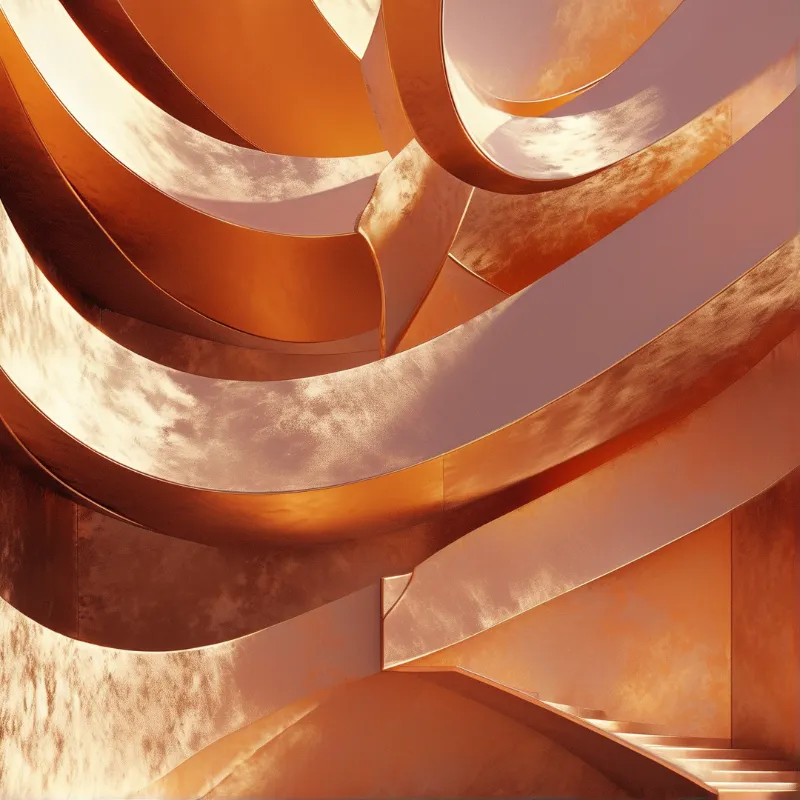 Curved metallic surfaces reflect warm light while soft cloud shadows stretch across the smooth bronze architectural forms