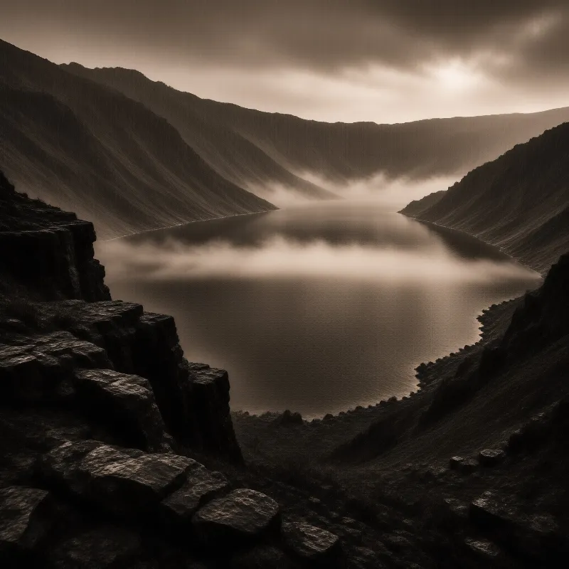 A calm body of water surrounded by dark peaks under soft morning light