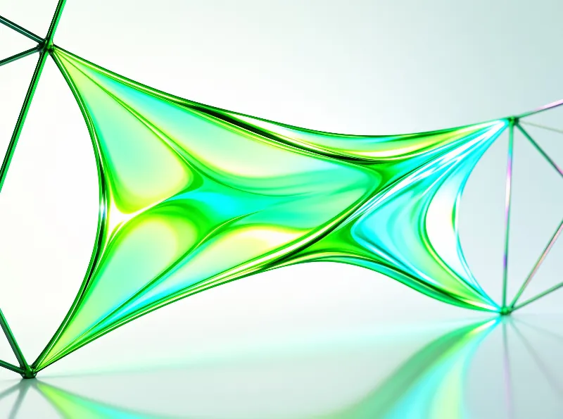 A translucent iridescent tensile panel with green and cyan wavy ripples stretches between taut green wires, softly reflected on pale glossy ground beneath it.