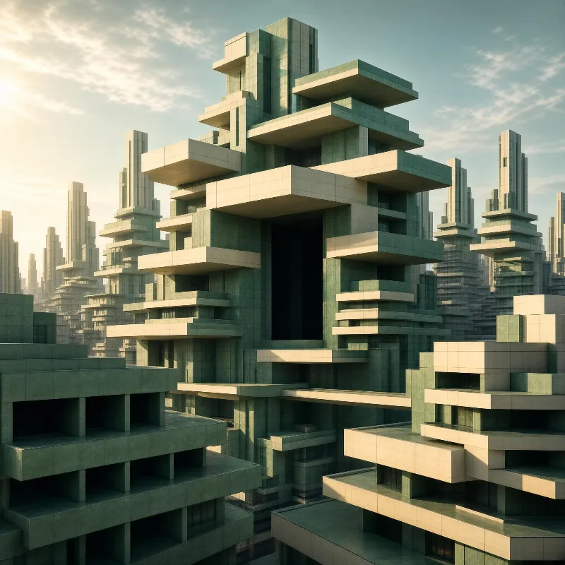 A cluster of layered concrete skyscrapers with geometric structures under warm sunlight across an urban landscape